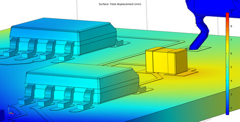 Computer 3d modeling of printed circuit
board of electronic device. Investigation of 
displacement of pcb conductors and 
components (capacitor, integrated
circuit) under
influence of high temperature