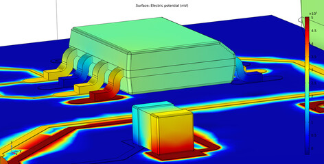 Computer 3d modeling of printed circuit
board of electronic device. Investigation of 
distribution of electric potential on surface
of pcb, conductors, components 
(capacitor, integrated circuit).