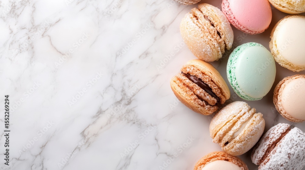 Poster this delightful image presents an array of colorful macarons elegantly arranged on a marble backgrou