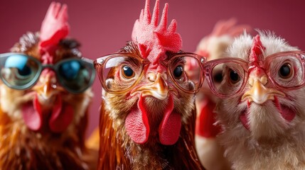 A whimsical group of chickens sporting colorful glasses, exuding charm and humor while showcasing a lighthearted take on farm life and animal personality.