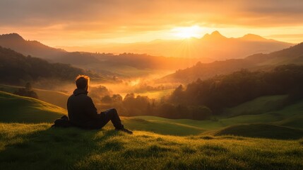 A solitary figure sits peacefully on a grassy hill, gazing at a breathtaking sunset over a misty landscape, capturing the essence of tranquility and reflection.