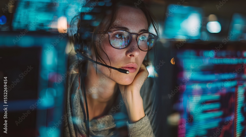 Poster focused female programmer working late night on complex code project software development serious wo