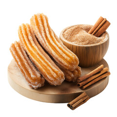 Delicious golden churros coated in sugar, served with a bowl of cinnamon sugar. Isolated on transparent white background, png	
