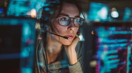 Focused Female Programmer Working Late Night on Complex Code Project Software Development Serious Woman Technology Cybersecurity Digital Innovation Problem Solving Screen Computer 