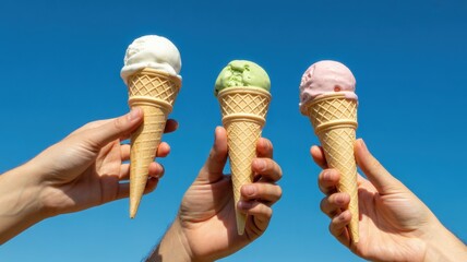Three hands holding ice cream cones against clear blue sky