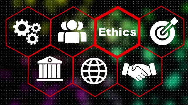  4k animation. on black background and 4collar animation. A Business Ethics concept. Hi tech motion graphic background, white flickering dots on dark background.