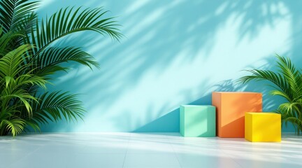 Obraz premium Vibrant geometric cubes in pastel colors placed on a tiled floor with lush green palm leaves and dappled sunlight shadows on a blue wall