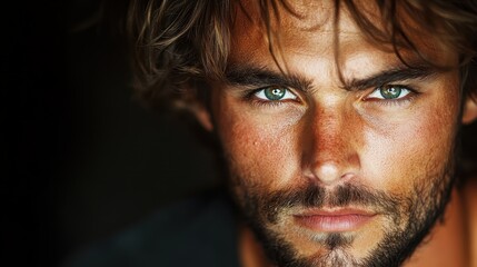 Fototapeta premium A captivating close-up shot of a handsome man with alluring green eyes and tousled hair, conveying intense emotions and a rugged, charming demeanor.