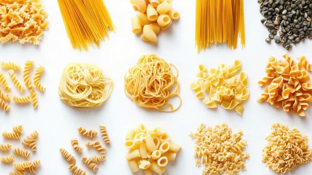 Assorted pasta shapes and colors on a clean white surface