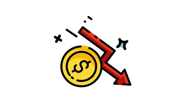 Animated Falling dollar coin symbolizing depreciating worth, suitable for finance, economics, investment, macroeconomics, and currency related design projects.