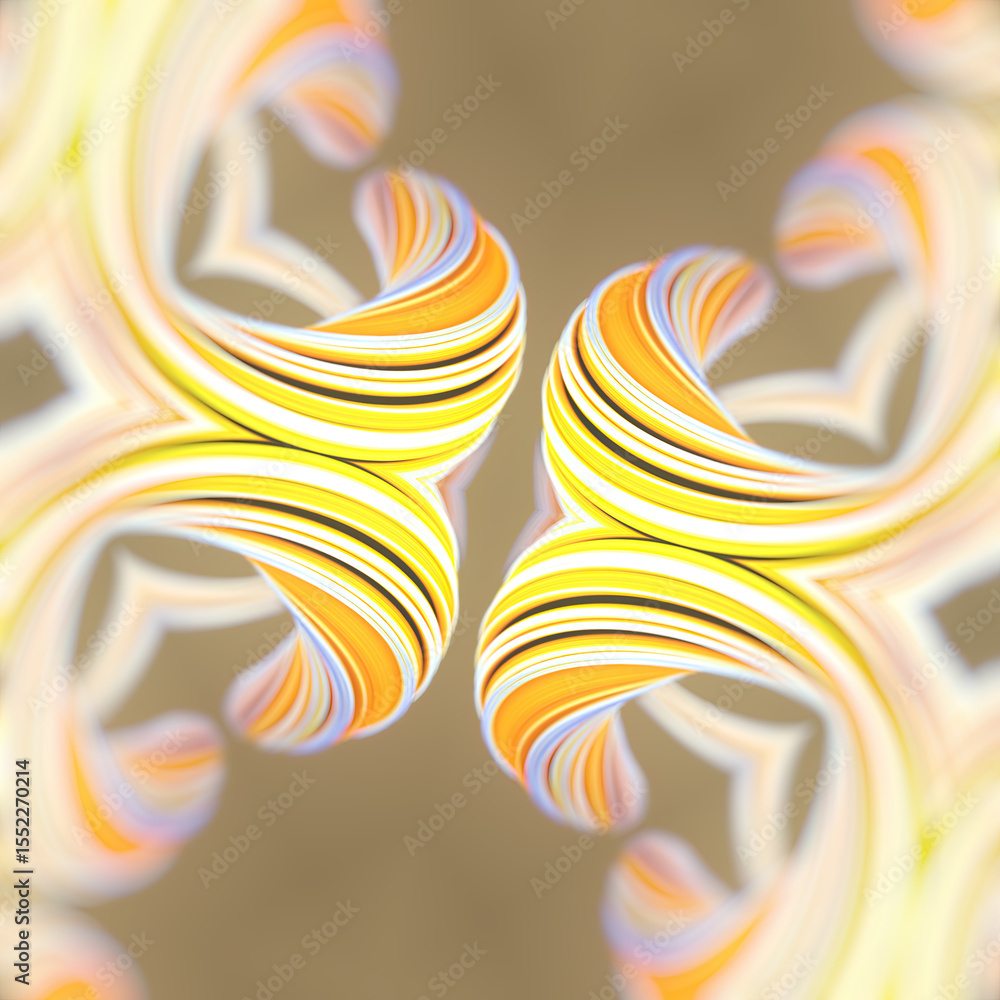 Poster Wavy symmetrical shape with gradients of orange and blue. 3d rendering