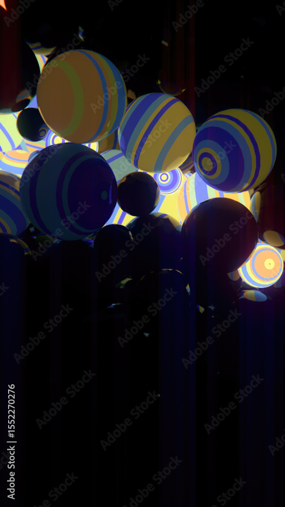 Poster Illustration consisting of many floating spheres in dark space with bright flashes of energy. 3d rendering