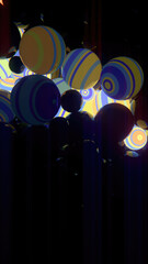 Illustration consisting of many floating spheres in dark space with bright flashes of energy. 3d rendering