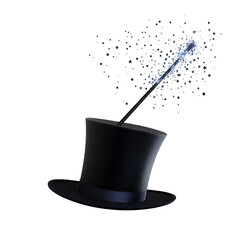 A classic black magician's hat with sparkling magic effects, evoking a whimsical and enchanting atmosphere. Isolated on transparent white background, png	
