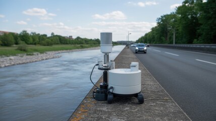 Mobile air quality monitor on riverbank roadside capturing pollution data on clear day