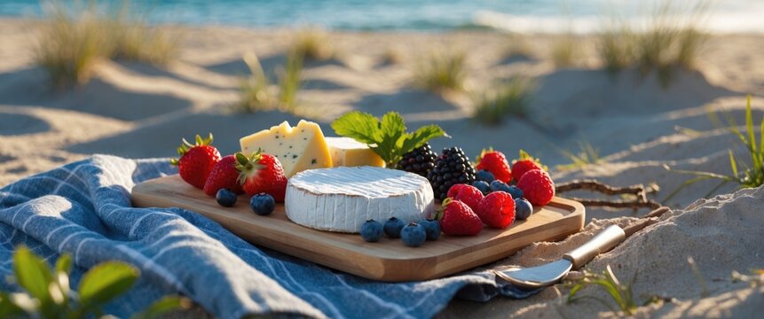 Beautiful Romantic Summer Picnic with Fresh Cheese and Berries on the Beach with a cheese platter and fresh fruit.