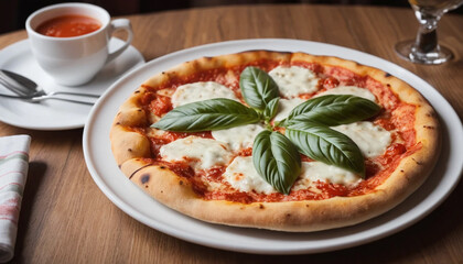 Classic margherita pizza on restaurant plate