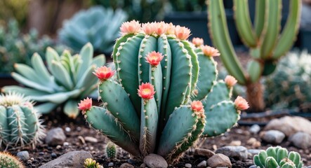 Fototapeta premium Succulent Cactus Plant Growing In The Garden with pink flowers and surrounded by other succulents.