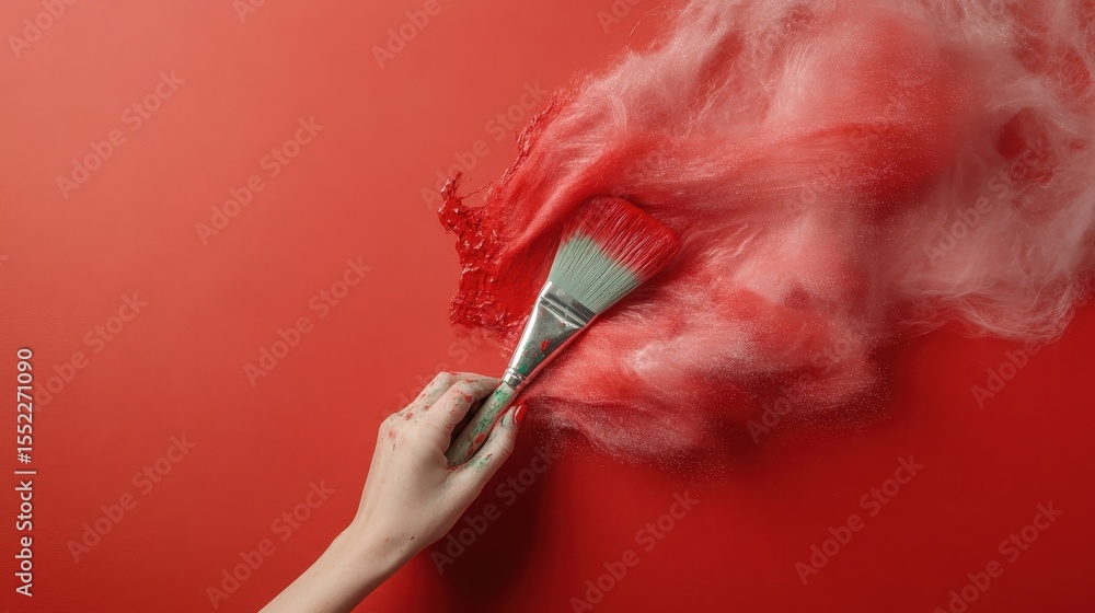 Poster an artistic scene shows a brush creating vibrant red splashes on a canvas, symbolizing creativity an
