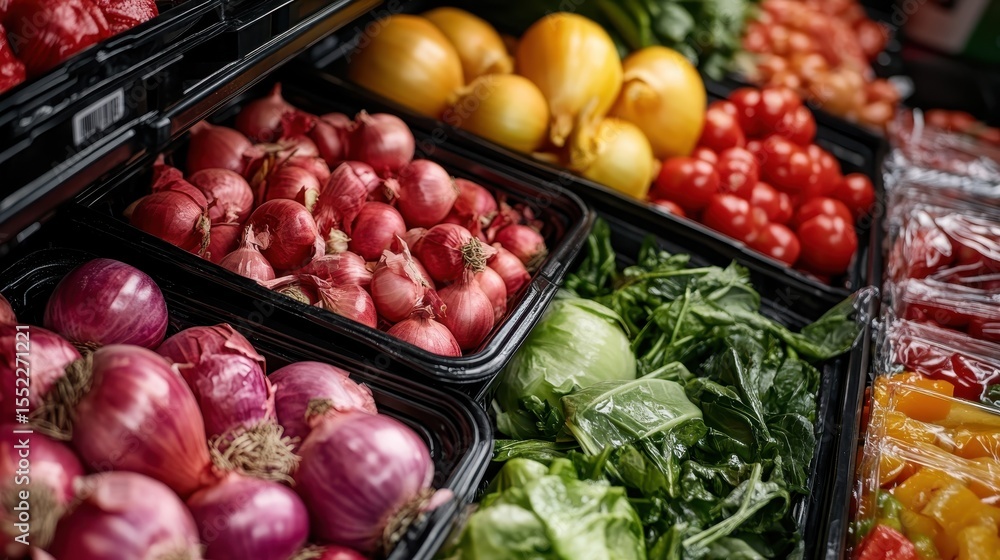 Poster a colorful display of fresh vegetables at a local market, featuring a diverse array of onions, tomat