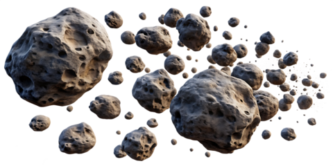 Collection of textured grey asteroids with craters floating in space isolated on a transparent background