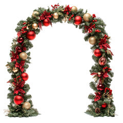 A festive holiday arch adorned with red and gold ornaments and vibrant greenery. Isolated on transparent white background, png	