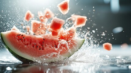 A bright and energetic splash of watermelon chunks caught mid-air, intricately depicting nature's refreshment and the joy of summer in a striking visual spectacle.