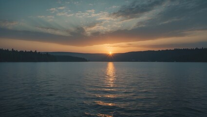 Obraz premium Sunrise over the lake with empty copy space for text