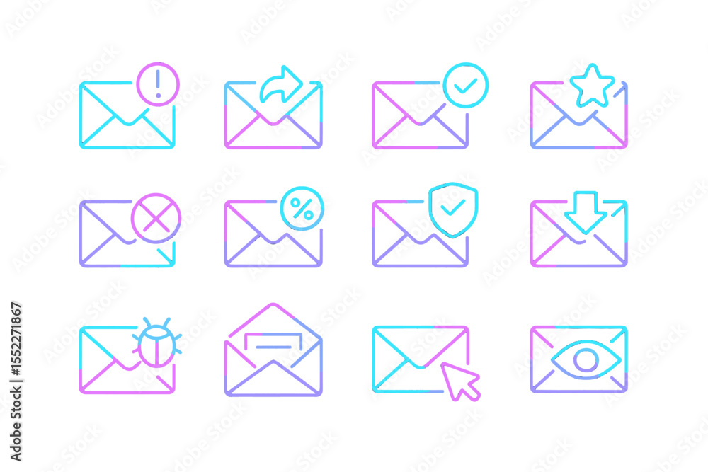 Poster neon email icons set featuring various notifications and actions