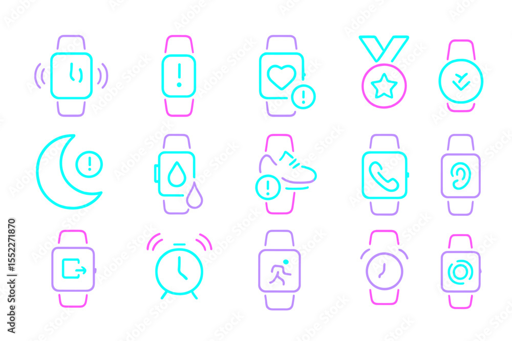 Poster neon smartwatch icons displaying various functionalities and symbols