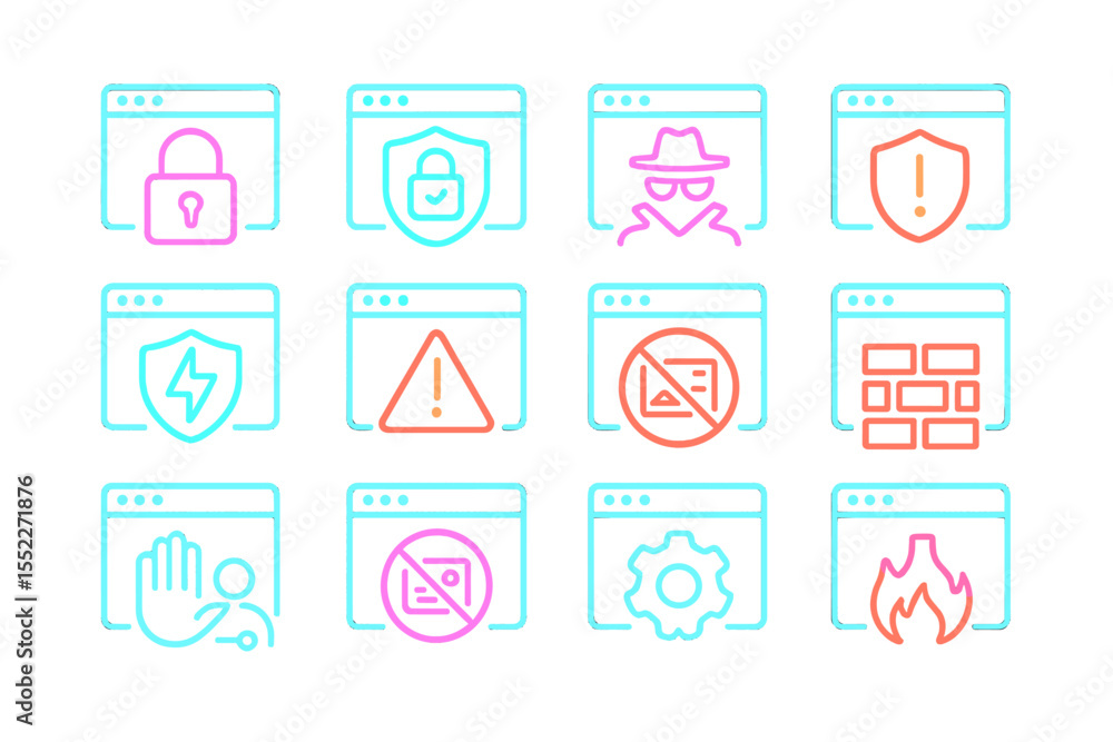 Poster neon cybersecurity icons displaying various security warnings and alerts