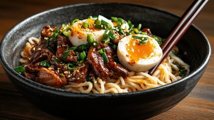 A beautifully arranged bowl of ramen topped with eggs and greens, presenting a delectable mixture that represents culinary artistry and the joy of sharing meals with loved ones.