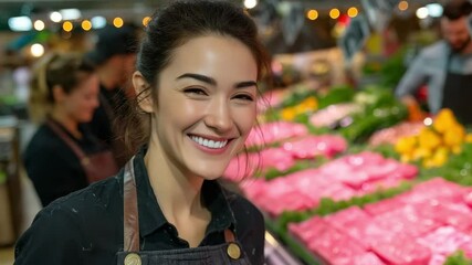 A radiant butcher girl smiles genuinely with pride in their shop, next to the display of the meats, embodying fresh local produce. Capturing a moment of authentic satisfaction and dedication.