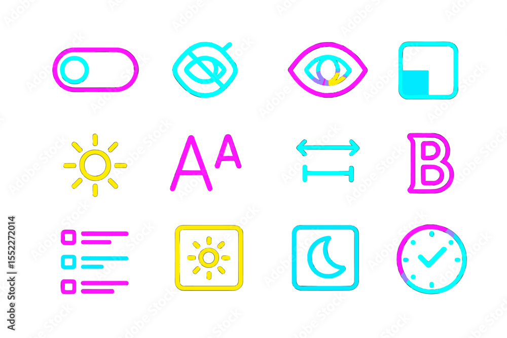 Poster neon ui icons set in bright colors on dark background