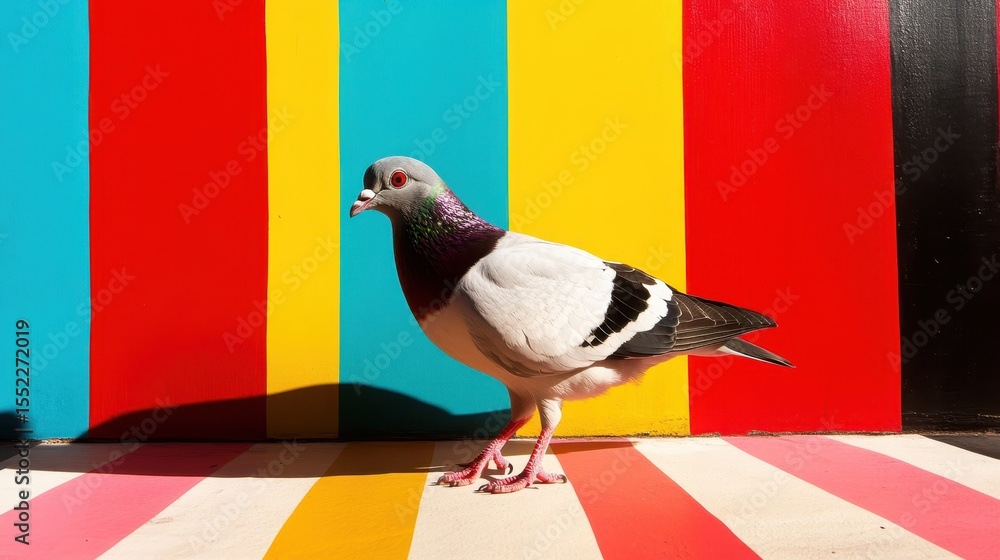 Poster a striking image of a pigeon standing gracefully against a backdrop of vibrant stripes, highlighting