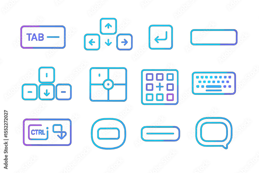 Poster neon glowing keyboard keys set with arrows and icons on blue black background