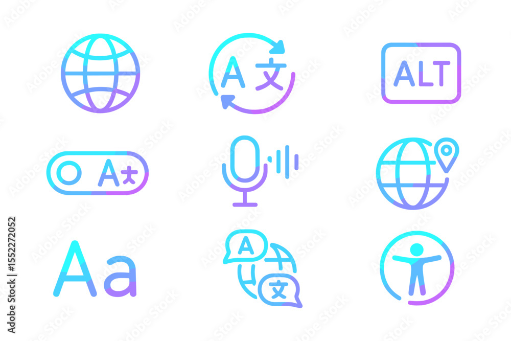 Poster neon gradient language and accessibility icons on dark background