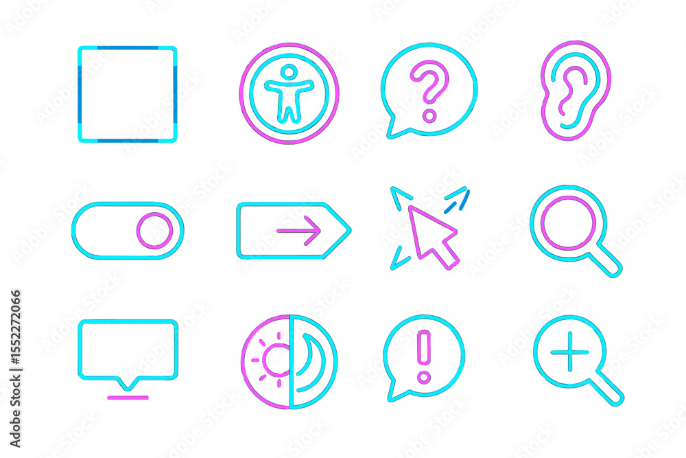Poster neon icons of interface elements with glowing highlights on dark background