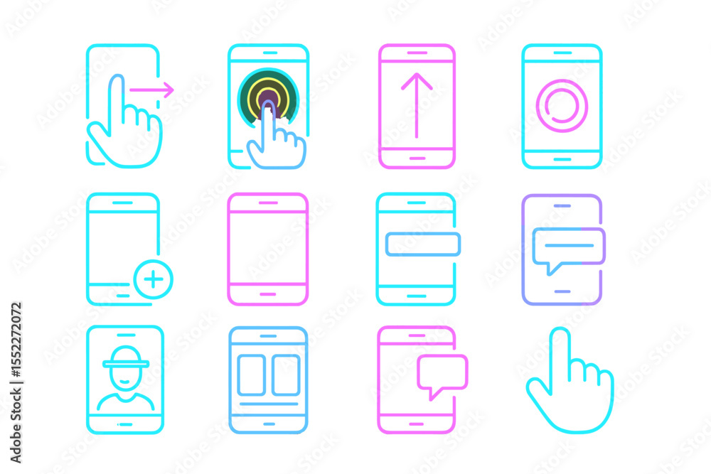 Poster neon smartphone icons of various mobile interface actions in glowing colors