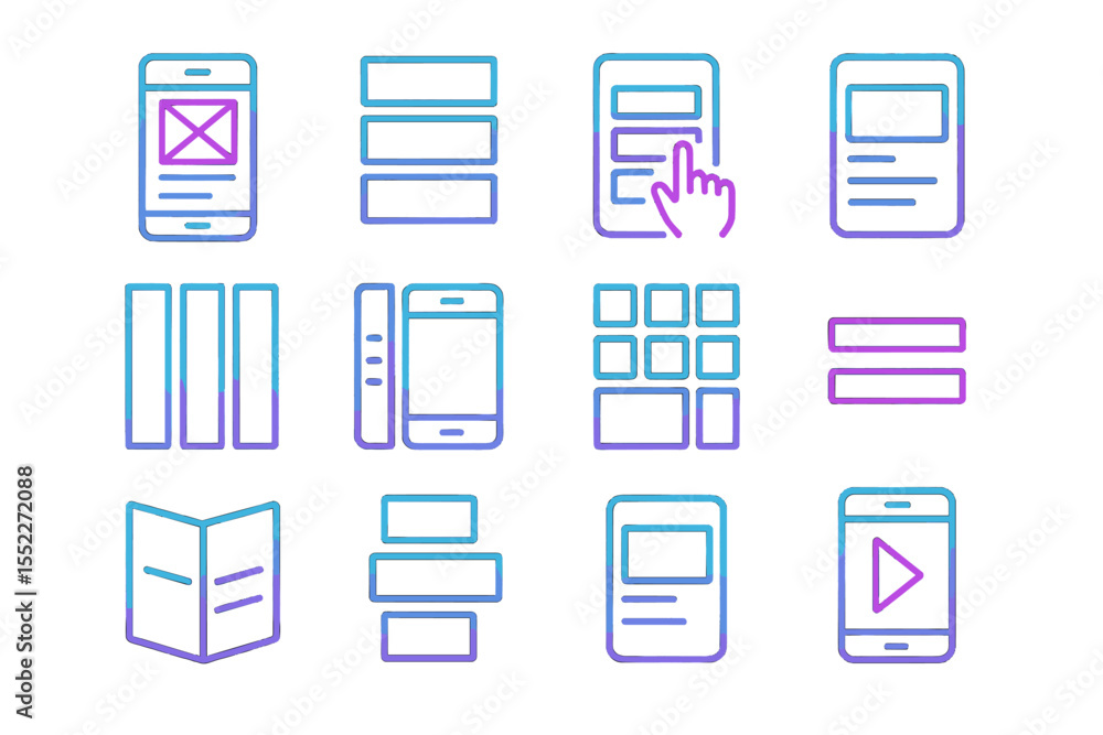 Poster neon ui design elements with grid, menu, play, interactive icons