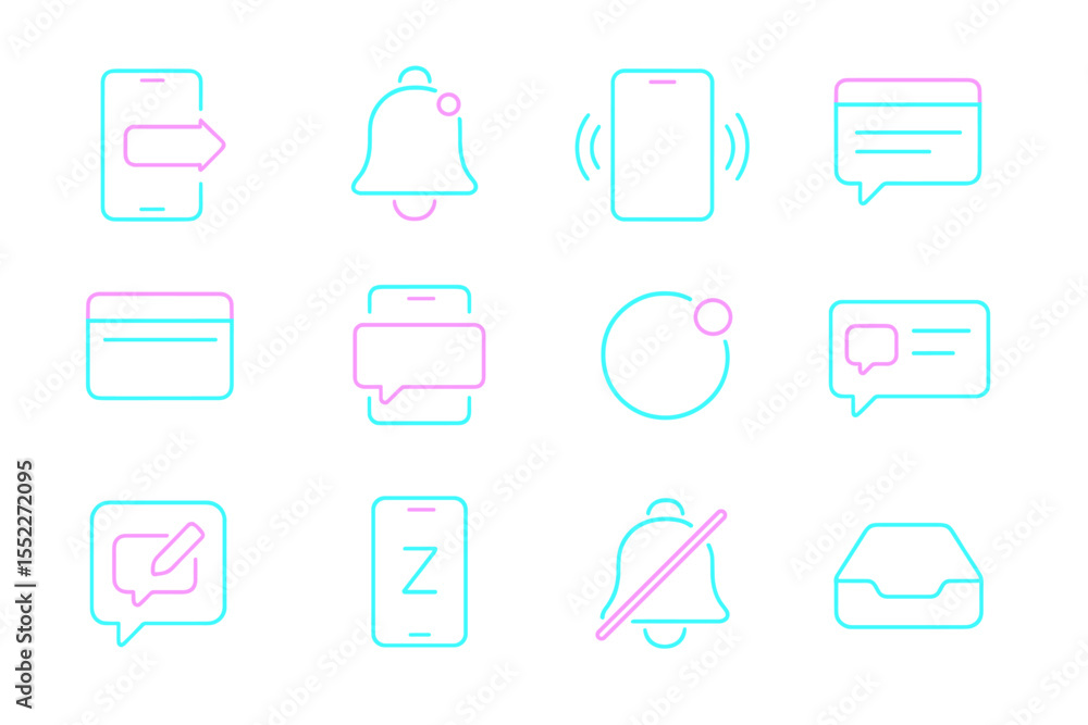 Poster neon glow icons set with communication and notification symbols