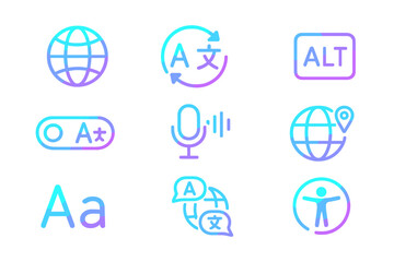 Neon gradient language and accessibility icons on dark background