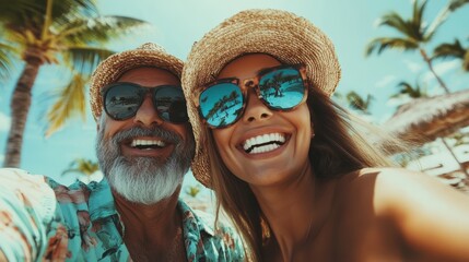 This vibrant image captures a joyful couple taking a selfie at a sunny beach, representing love, happiness, and shared experiences in an idyllic tropical setting filled with sunlight.