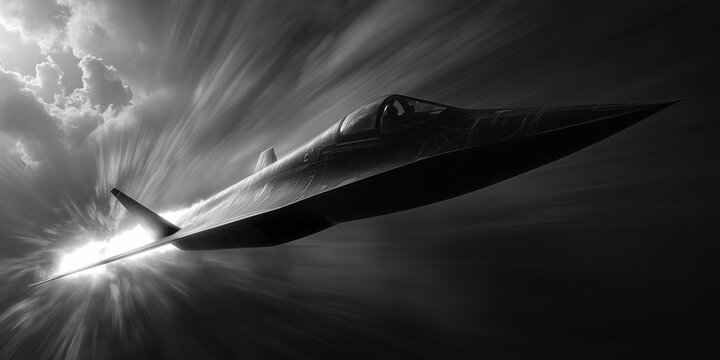 Black Futuristic Aircraft with Motion Blur and Bright Sky Backdrop in a High-Speed Flight Scene

