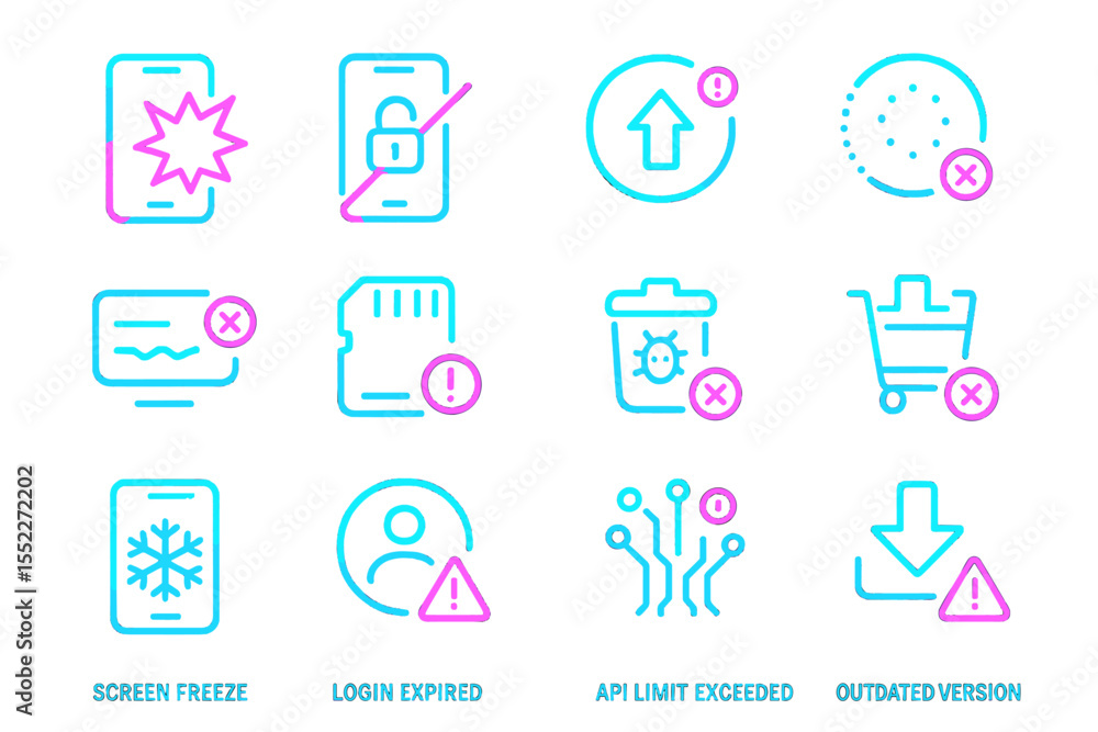 Poster neon icons of mobile app issues: screen freeze, login expired, outdated version
