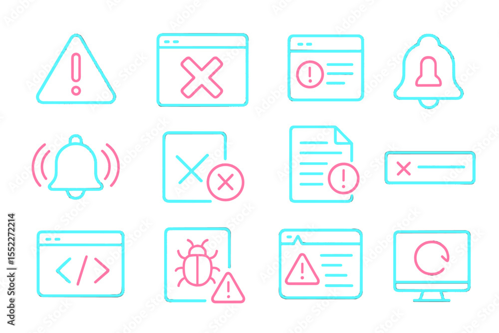 Poster neon alert icons for web interface: exclamation, bug, notification symbols