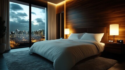 A stylish modern bedroom features a large window showcasing a breathtaking city skyline at dusk, combining comfort and elegance in an urban setting ideal for relaxation or inspiration.