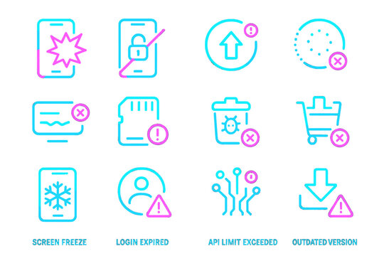Neon icons of mobile app issues: screen freeze, login expired, outdated version
