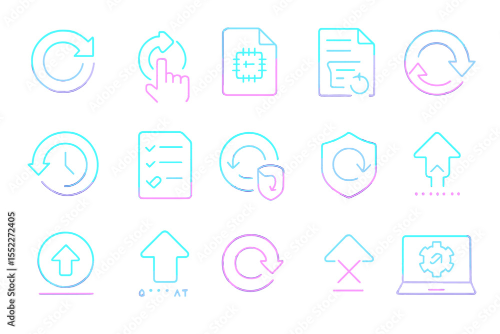 Poster neon technology icons with sync, update, and upload symbols on glowing background