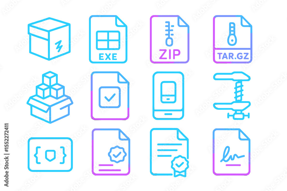 Poster neon icons of file types and software with glowing effects